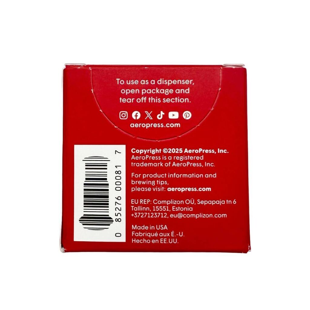 Parte de trás da embalagem de microfiltros para a AeroPress Go