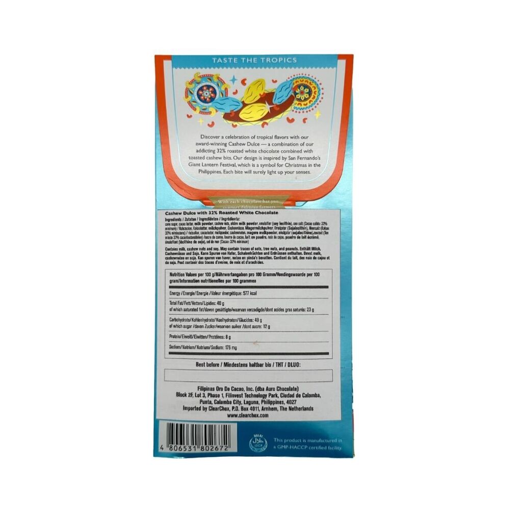 A parte de trás da embalagem de uma barra de chocolate com sabor cashew dulce da marca Auro