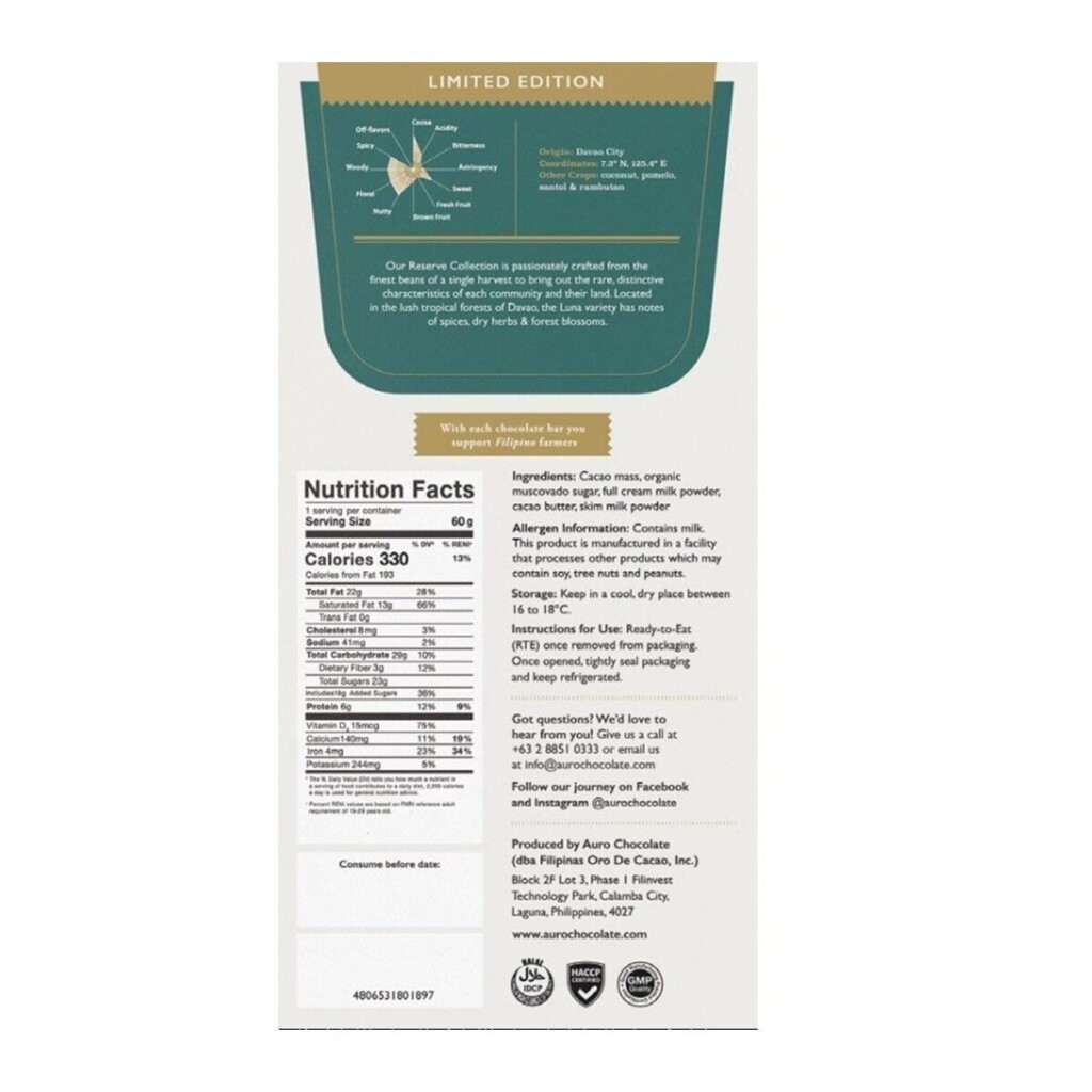 Uma barra de chocolate de leite escuro com o sabor Luna da marca Auro