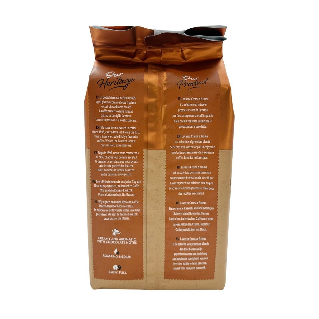 Achterzijde van een zak Lavazza Crema e Aroma Koffiebonen van 1 kilo