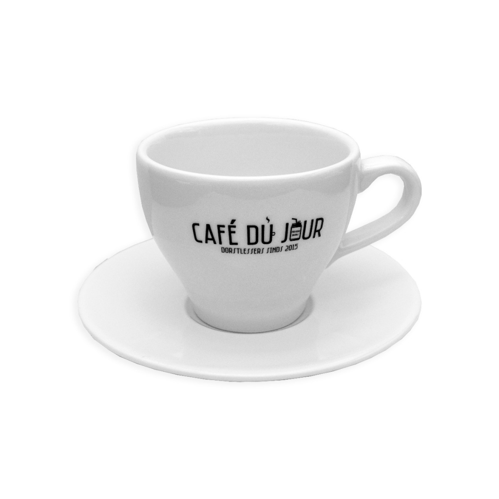Café du Jour chávena de café e pires