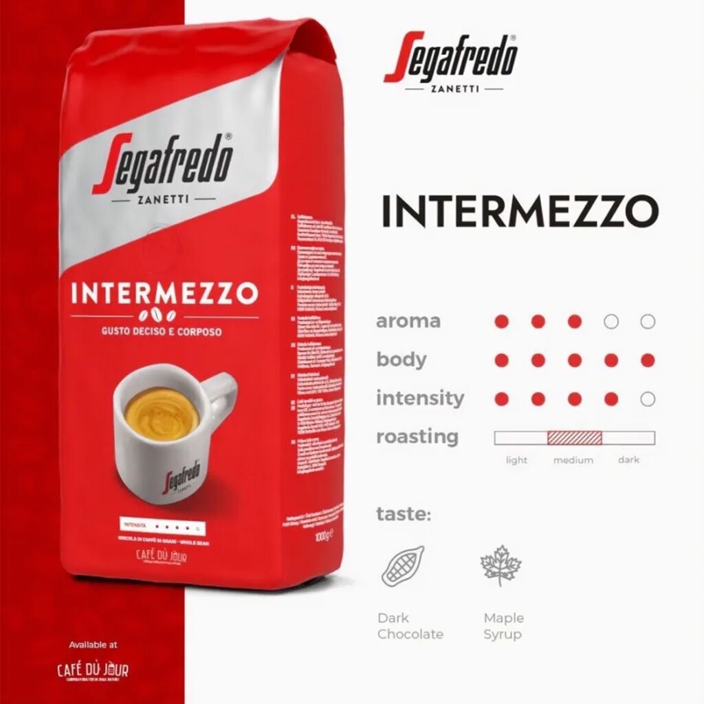 Brandinformatie van een kilo zak koffiebonen Segafredo Intermezzo
