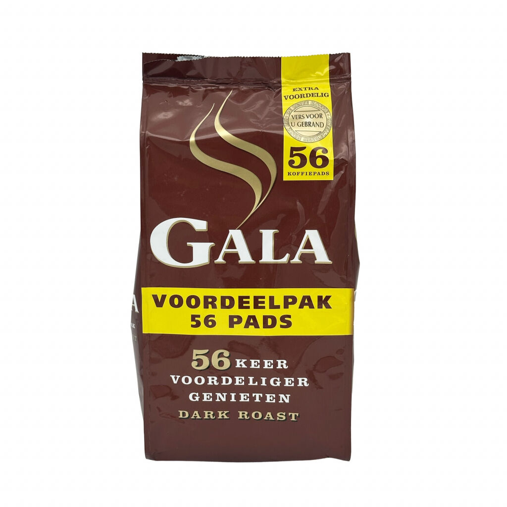 Voorkant van een zak koffie met 56 pads van het merk Gala Dark Roast