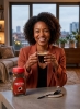 persoon is blij met haar oploskoffie van Nestlé oploskoffie 200 gram